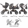 Carucior transformabil 3 in 1 Coccolle Melora, Cadru aluminiu, Roti mari, Pliere compacta, Maner ajustabil, Cos auto iSize, Geanta mama, Husa picioruse, Husa ploaie, Plasa insecte, Diamond Black