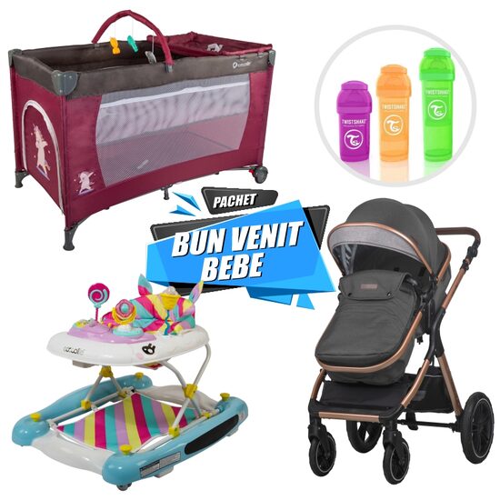 Pachet bun venit bebe Coccolle Melora Diamond black + Siesta roz + Unicorn + Twistshake (180ml,260ml,330ml) 