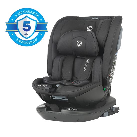 Scaun auto rotativ cu isofix Coccolle Velsa iSize Evolutiv, 40-150 cm sau 0-36 kg, Protectie impact lateral SPS, Insert bebelusi, Pozitie Somn, Centuri in 5 puncte, Omologat R129, Jet Black