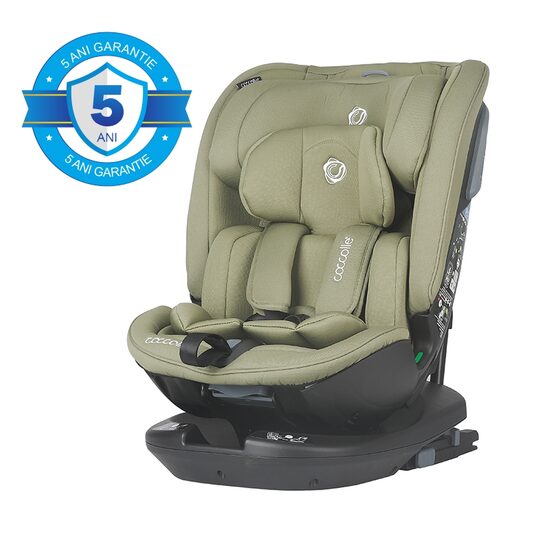 Scaun auto iSize Coccolle Velsa Evolutiv, rotativ cu isofix, 40-150 cm sau 0-36 kg, Protectie impact lateral SPS, Insert bebelusi, Pozitie Somn, Centuri in 5 puncte, Omologat R129, Moss Green