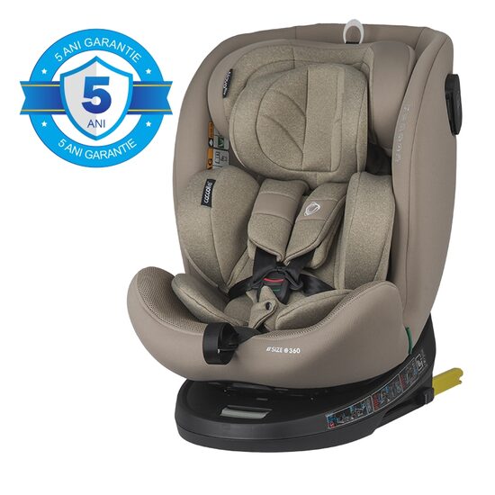Scaun auto rotativ cu Isofix Coccolle Nova iSize, 40-150 cm, 0-12 ani, omologat R129, Top Tether, Insert nou nascut, Tetiera reglabila, Pozitie de somn, Sand Beige