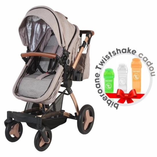 Carucior transformabil 3 in 1 Coccolle Ambra Rose Gold+cadou set biberoane Twistshake