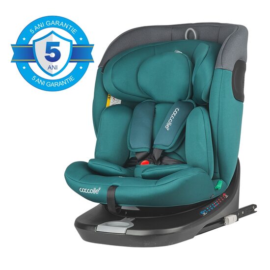 Scaun auto rotativ cu Isofix Coccolle Atira iSize R129, 40-150 cm, 0-36 kg, Top Tether, Centuri in 5 puncte, Pozitie de somn, Tetiera reglabila, Carcasa ranforsata, Spuma de memorie, Hydra Blue