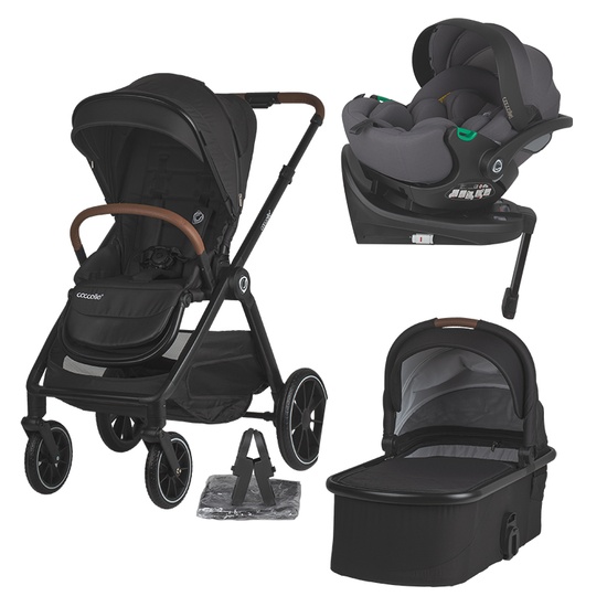 Carucior modular 4in1 Coccolle Aspen Jet Black cu Scoica auto iSize Coccolle Rilax Greystone si Baza isofix iSize Coccolle Rilax