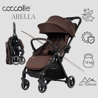 Carucior sport cu pliere compacta automata Coccolle Arella, Cadru aluminiu, Roti detasabile, Spatar reglabil, Protectie UV, Copertina extensibila, Ventilatie, Sarcina maxima 22 kg, Coffee Brown