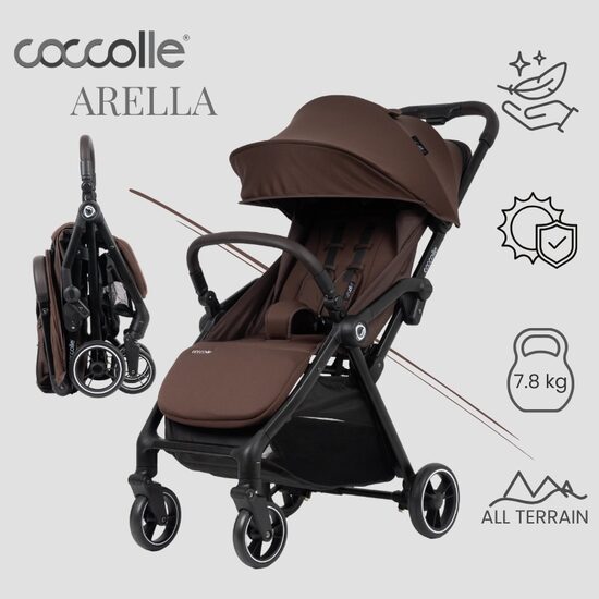 Carucior sport cu pliere compacta automata Coccolle Arella, Cadru aluminiu, Roti detasabile, Spatar reglabil, Protectie UV, Copertina extensibila, Ventilatie, Sarcina maxima 22 kg, Coffee Brown