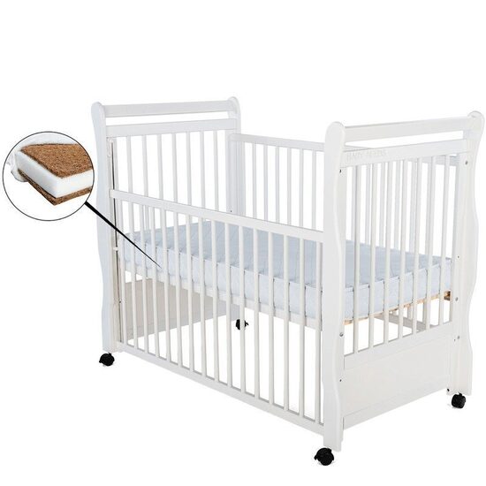 BabyNeeds - Patut din lemn Jas 120x60 cm, cu laterala culisanta si roti, EN716-1, EN716-2, Alb + Saltea 12 cm