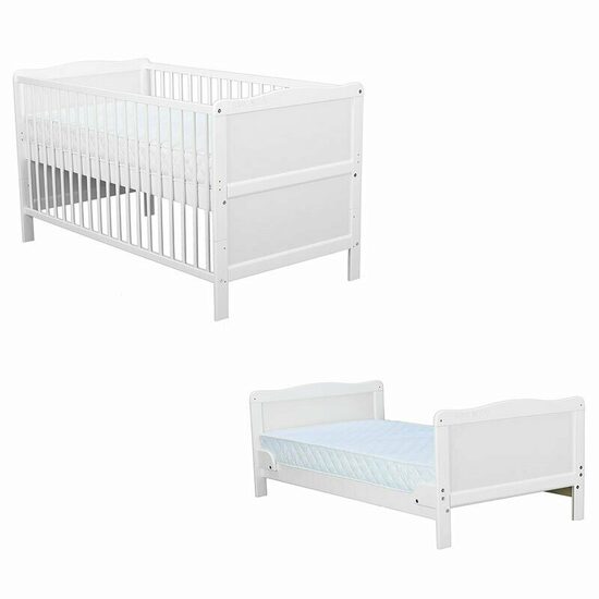 Patut din lemn bebe, Transformabil si pentru junior, 140x70 cm, Din lemn de pin si mdf, Stabil si rezistent, Inaltime saltea reglabila pe 3 nivele, Laterala cu 3 bete detasabile, EN716-1, EN716-2, Alb, Babyneeds, Nadia+ Saltea 12 cm