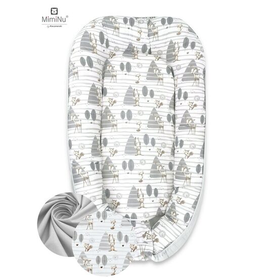 Cosulet bebelus, MimiNu, Pentru dormit, Cu doua fete, Baby Nest 105x66 cm, Husa 100% bumbac, Din bumbac certificat Oeko Tex Standard 100, Cu salteluta, Detasabila, Forest/Grey