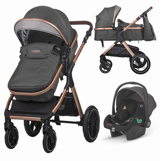 Carucior transformabil 3 in 1 Coccolle Melora, Cadru aluminiu, Roti mari, Pliere compacta, Maner ajustabil, Cos auto iSize, Geanta mama, Husa picioruse, Husa ploaie, Plasa insecte, Diamond Black